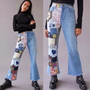 Urban Outfitters BDG Indigo Craft Patchwork High Waisted Blue Flare Jeans